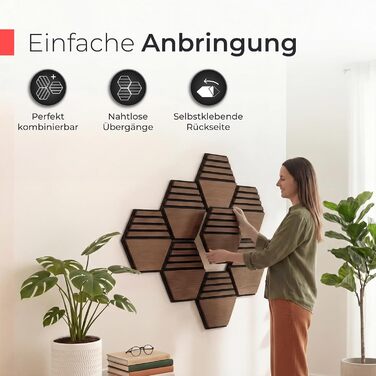 Акустичні гексагональні панелі з натурального горіха та чорного фетру, самоклеючі 3D-панелі для звукоізоляції стін, набір 9 шт (30x26 см)