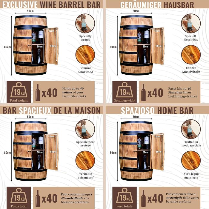 Wine Barrel Stand with Door - Liquor Cabinet Bottle Shelf Wooden Shelves - Wooden Barrel - Barrel Furniture - Wine Rack - Wineregal - Wine Bar - Barrel Bar with Door - Barrel Bar Minibar 80cm High (Sun-Bleached)