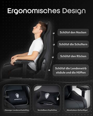 Ігровий крісло Dowinx з 4D підлокітниками, функцією гойдання 15° та регулюванням спинки до 165°, масажний, ергономічний, дизайн у стилі гоночного авто, до 135 кг, чорний