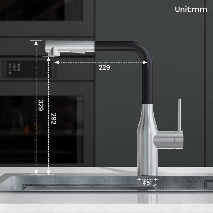 Кран кухонний висувний CECIPA, 360° поворотний, чорний, з витяжним виливом, міцний, без витоків, проста установка, з домішувачем для раковини (щіткова поверхня & чорний колір)