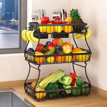 Настінна полиця для фруктів та овочів з кріпленнями, 3 яруси, чорна | Настінне зберігання для кухні