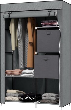 HOMCOM Wardrobe, Fabric Closet with Drawers, Clothes Rail and Zipper, Fabric Clothes Storage Rack Folding Closet for Bedroom, Dressing Room, 102 x 42.5 x 162.5 cm, Dark Grey