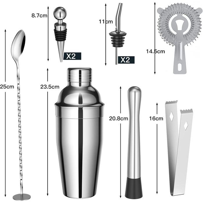 Набір для коктейлів Sosayet, 10 предметів, з нержавіючої сталі, аксесуари та рецепти, 750 мл, для барменів-початківців та професіоналів - подарунок для чоловіків
