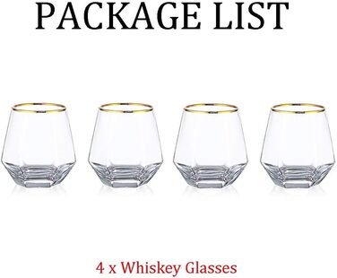 Diamond Whiskey Glasses 4-Piece Set, Tilted Scotch Glasses 300 Ml, Modern Look Whiskey Glasses for Men, Women, Dad, Husband, Friends, Glassware for Bourbon/Rum/Bar Tumbler, Clear + Gold Rim 4