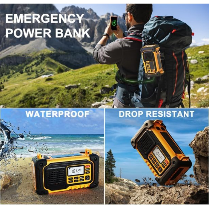 Радіо для надзвичайних ситуацій, AM/FM/SW/NOAA: радіо з ручним заводом, 37000 мWh, USB/сонячна/ручна зарядка, живлення від AAA-акумулятора, SOS-сигнал та ліхтарик для дому та вулиці