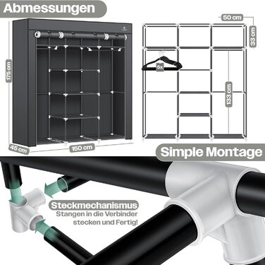 KESSER® Wardrobe Clothes Rack Stable with Clothes Rail & Shelves, Incl. 5x Clothes Hangers, Fabric Folding Wardrobe for Bedroom, Dressing Room Closet with Clothes Stand 150x45x175cm (Anthracite)