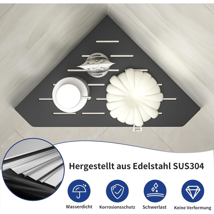 Bernkot Corner Shower Shelf Black 304 Stainless Steel 254 mm Recessed Corner Shelf Tiled Wall Shelf Pentagon Shelf for Bathroom Storage, No Drilling Required, 1 Piece