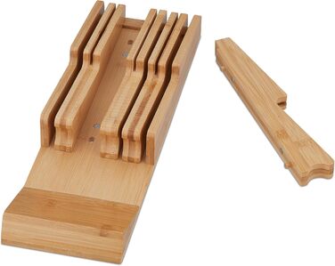 Relaxdays Knife Block Drawer, for 9 Knives & Honing Steel, Bamboo Knife Block Lying, HxWxD: 5.5 x 13 x 40 cm, natural