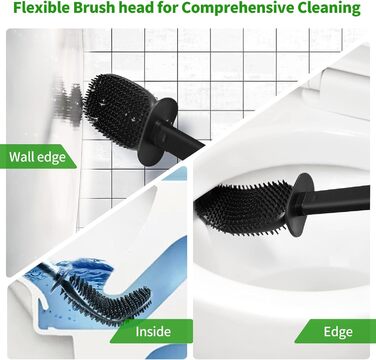 HOMEASY Silicone Toilet Brush Black - Stainless Steel Toilet Brush with Stainless Steel Holder, Flexible Silicone WC Brush Set, Toilet Brush with Holder, Wall Mount (No Drilling) & Stand for Bathroom