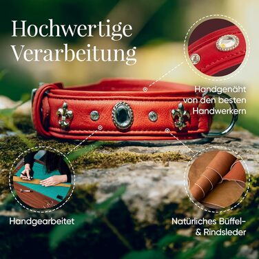 Julieta Leine, Leather Dog Leash, Leather Lead Dog, MATCHES Julieta Collar, Red, Leather, with Lilies, Rhinestones, and a Large Crystal (Neck circumference 52-58cm)