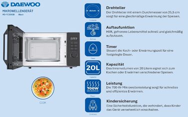 Мікрохвильова піч Daewoo MD-FC206SB 20L, 700W, чорний колір Solo