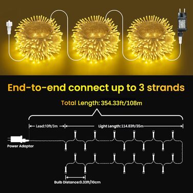 Гірлянда світлодіодна зовнішня 10м, 350 LED, тепле біле світло, з таймером, вологостійка, 8 режимів, для декору саду, дому, ялинки на Новий рік