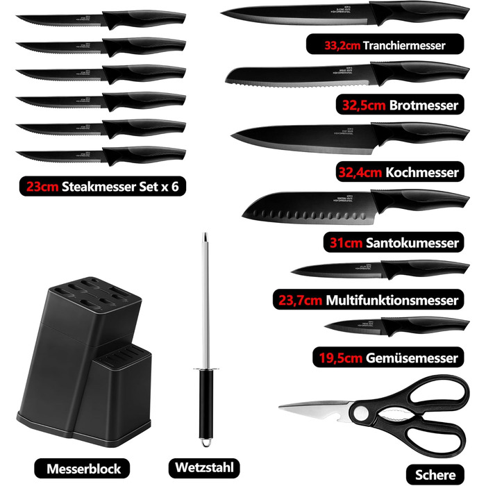 Набір ножів Joyfair 15 предметів з підставкою, з високоякісної нержавіючої сталі, з точильним каменем, кухонний набір з кухонним ножем, ножем для хліба, ножицями та ножами для нарізки та подрібнення, чорний