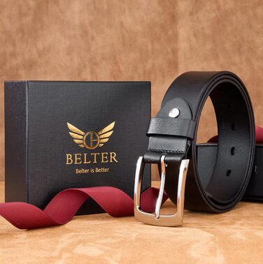 Чоловічий шкіряний ремінь BELTER 38 мм, чорний. Джинсовий ремінь з подарунковою коробкою, розмір L (32W-35W, 105 см)