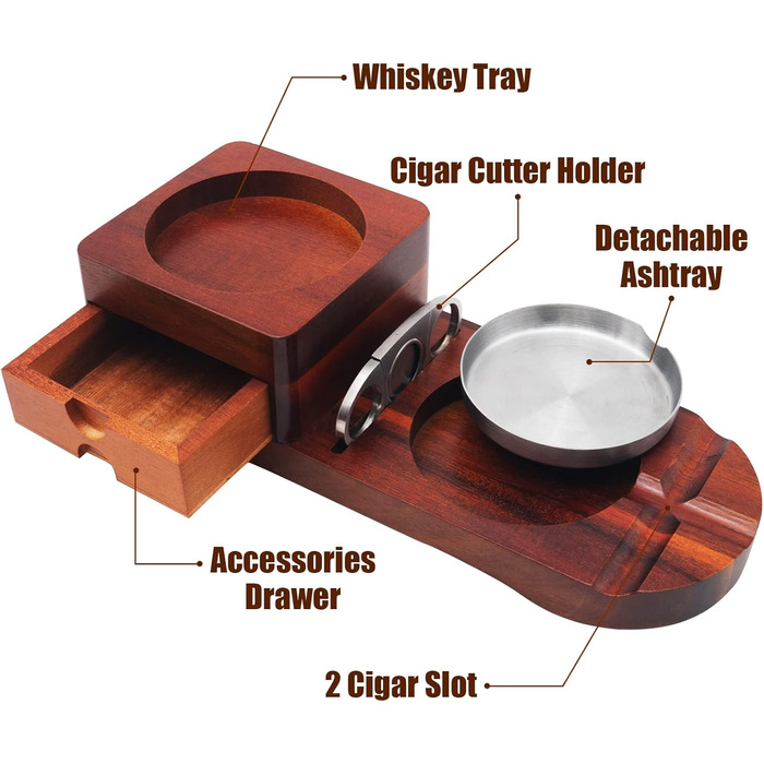Wood Cigarette Ashtray Whiskey Coasters - Crefun CK2631 cigar accessories for men Whiskey cigar gift set, with removable ashtray drawer, cigar cutter and 2 cigar holders with drawer