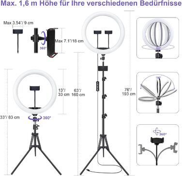 Ринг-лампа 13 дюймів з штативом, кліп для планшета та 2 тримачами для телефону, 3000-6000K, 10 рівнів яскравості, музичні режими, 100 RGB-режимів, LED для селфі, TikTok, Vlog, YouTube, Facebook відео, багато кольорів