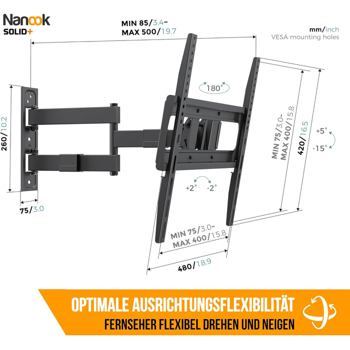 Настінний кронштейн для ТБ Nanook SOLID+ поворотний та нахильний, для телевізорів 40-77 дюймів, VESA 600x400, до 45 кг, універсальний