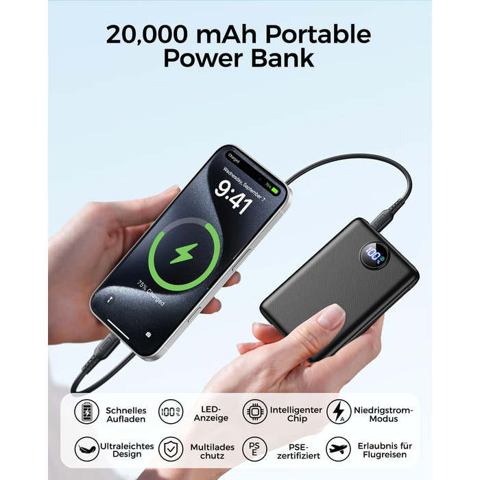 Портативний зарядний пристрій Power Bank 20000mAh з LED дисплеєм, USB-C, PD 3.0, QC 3.0, чорний