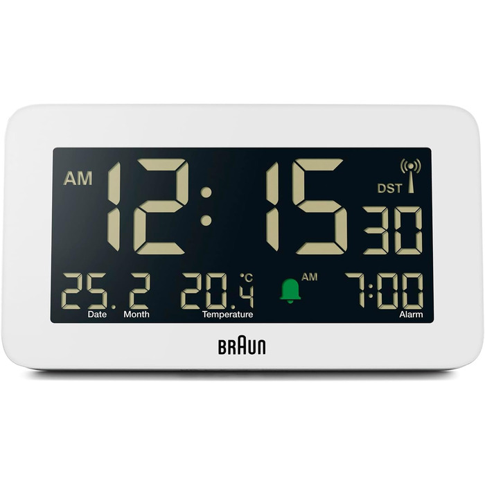 Braun Funk-Digitalwecker for the Central European Time Zone (DCF) with date, month, and temperature display, negative LCD display, and white alarm tone, Model BC10W-DCF.