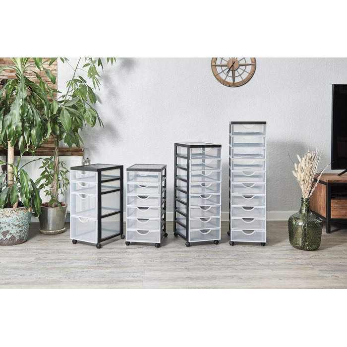 Iris Ohyama Plastic Drawer Box with Wheels, 10 Flat Drawers, Black, Pull Handles, For Bedroom, School & Office, BPA-Free, Drawer Cabinet, Rolling Container, A4 Drawer, DDDC-010