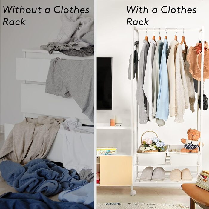 Unho Rolling Garment Rack, Metal Clothes Rack with 2 Shelves for Boxes, with Clothes Rod and Hooks, for Store Bedroom Dressing Room