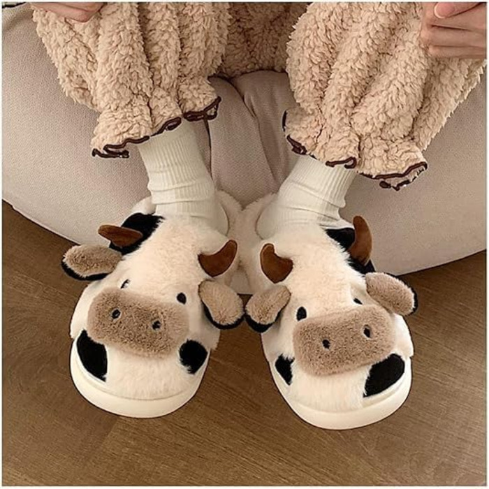 Тапочки жіночі зимові Shoppawhile з плюшем у вигляді корови, теплі, зручні, антиковзні, 38/39 EU, білі