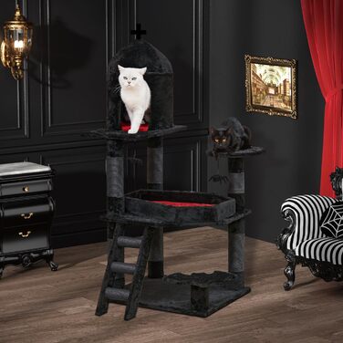 Large Gothic Scratching Post, 140 cm tall, Scratching Post for Large Cats, Stable, XXL Cat Tree with 6 Thick Scratching Pillars, Spider Hanging Ball, Sargbett Platforms, Cave, Black Cat Tower Halloween