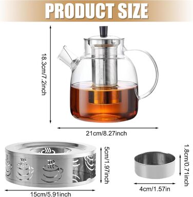 Скляний чайник для заварювання чаю 1800 мл з підставкою-підігрівачем, кришкою та ситом для листового чаю та чайних пакетів