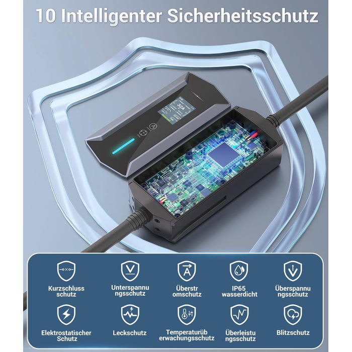 Портативний зарядний пристрій для електромобілів 22 кВт (7м) з LCD-дисплеєм, IP65, Schuko, 16A, для електромобілів та PHEV