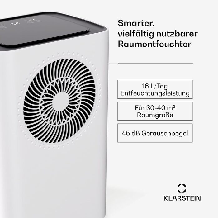 Klarstein CircleDry 12L: Розумний осушувач повітря з Wi-Fi, 38dB, таймер, контроль вологості, для приміщень до 24м², білий