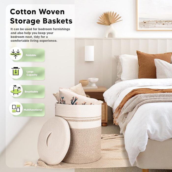 Rieeyrslza Laundry Basket with Lid for Blankets 58L Woven Cotton Rope Basket Cotton Rope Laundry Collector with Hollow Handle, for Living Room, Placing Blankets Pillows, 38 x 50cm (Brown)