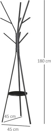 HOMCOM Coat Rack, Clothes Rack with 8 Hooks, Coat Stand with Shelf, Freestanding Coat Rack for Clothes, Hats, Bags, Metal, Black, 45 x 45 x 180 cm