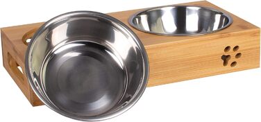 Станція для годування домашніх тварин LAUBLUST: підставка для мисок з бамбука, 2 нержавіючі миски | для собак та котів, розмір 31 x 15 x 6 см | M