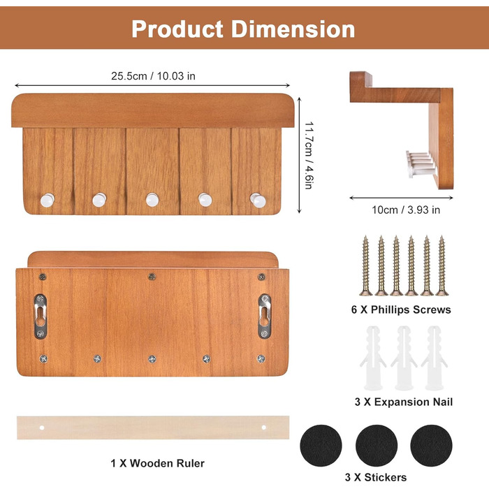 Дерев'яне ключниця з полицею, 5 гачків, для прихожей, кухні, спальні (колір: коричневий)