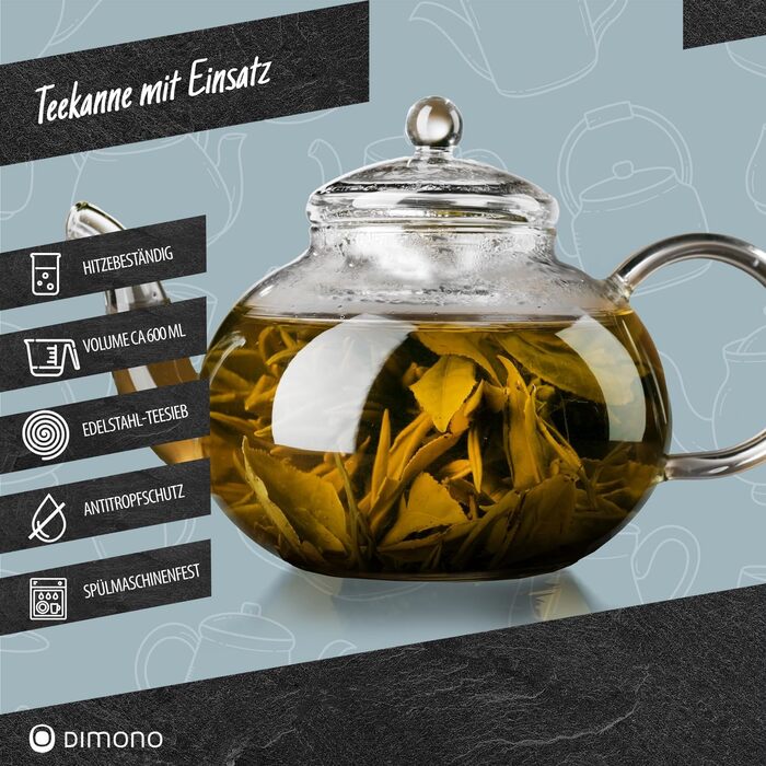 Скляний чайник Dimono з фільтром для заварювання чаю, об'єм 1500 мл, ручна робота
