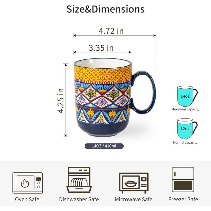 HENXFEN Ceramic Coffee Mugs, 410ml Coffee Cups Set with Handle, Porcelain Mugs for Tea Coffee Milk Cappuccino, Colorful, 6-Pack - Bohemian Style