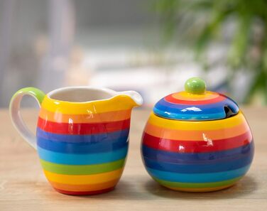 Hand-painted sugar bowl and teapot set with rainbow stripes