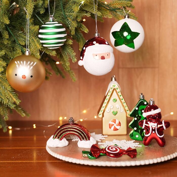 Набір прикрас на ялинку Alupssuc 65 шт. - ялинкові кулі, 4-14 см, пластик, для ялинки, святкування, вечірки, білий, золотий, червоний та зелений