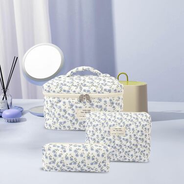 Косметичка для жінок, набір 3 шт. велика бавовняна косметичка для подорожей, органайзер для макіяжу, косметична сумочка з квітковим візерунком (блакитна павічева квітка)