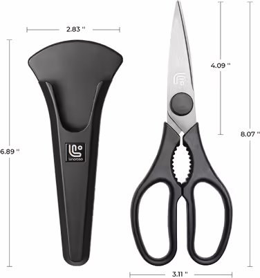 Linoroso Kitchen Scissors - Sharp Scissors for the Kitchen with Magnetic Cover - High Quality Stainless Steel - Household Scissors - All-Purpose Scissors - Can be Used as Fabric Scissors, Craft Scissors, Paper Scissors, Grill Scissors - Classic Black