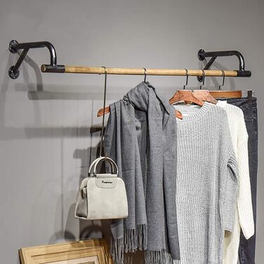 Wooden wall panel dresses a hanging rod, industrial clothes rack, clothing display rack for retail clothing - 120x29x16cm