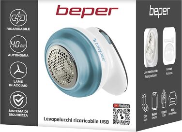 BEPER 50.245 USB-аккумуляторний видальник ворсу зі сталевими лезами. Видаляє ворс та ковтунці. Білий/блакитний, перезаряджається через USB
