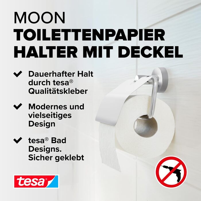 tesa Moon Toilet Paper Holder with Cover, Chrome - Wall-Mountable Toilet Roll Holder without Drilling, Includes Adhesive Solution - 53 mm x 140 mm x 128 mm