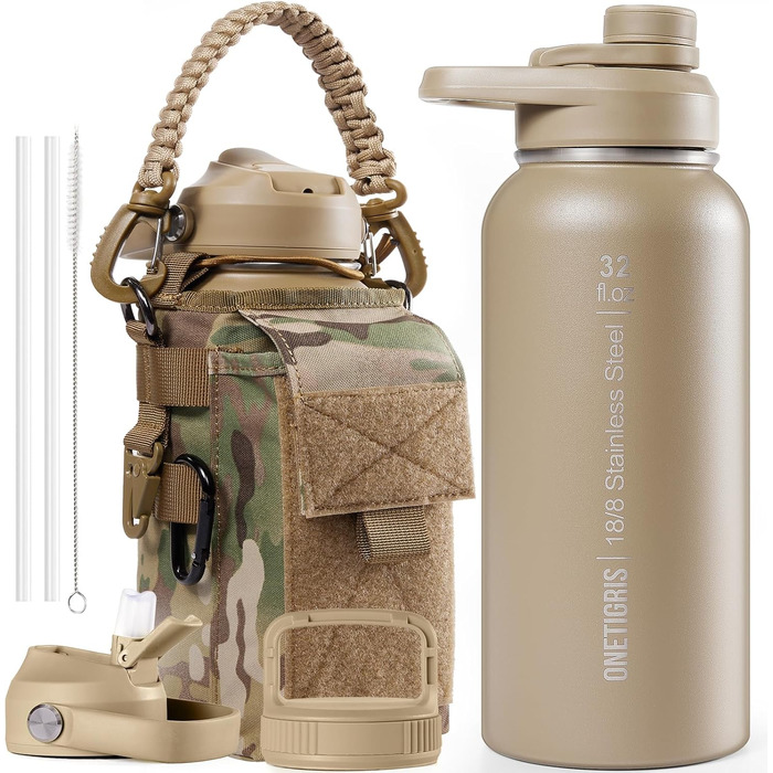 OneTigris Stainless Steel Water Bottle, 0.9L High Capacity, Insulated Sports Bottle for Cycling, Camping, Yoga, Gym, Softair, 32oz (Camo)