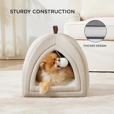 Ліжко для котів BEDSURE велике, 44x44x44 см, хатинка для котів, з м'якою подушкою Sherpa та іграшкою, миється, бежеве