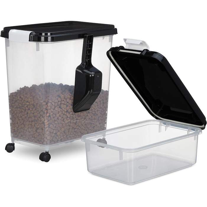 Коробки для корму для собак Relaxdays 2 шт., 10L та 30L, з кришкою, роликами, лопаткою, прозорі/чорні