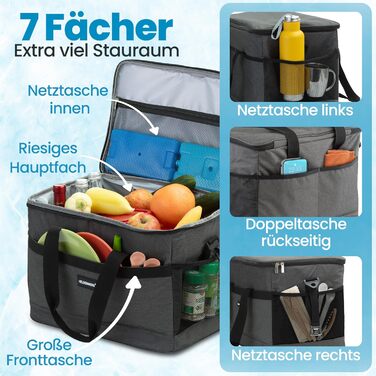 Термосумка HELDENWERK 33L з 7 відділеннями – велика, складна, витримує до 12 годин, виготовлена з темного сірого кольору, з посиленим дном, для пікніка, обіду, виготовлена з водонепроникного матеріалу