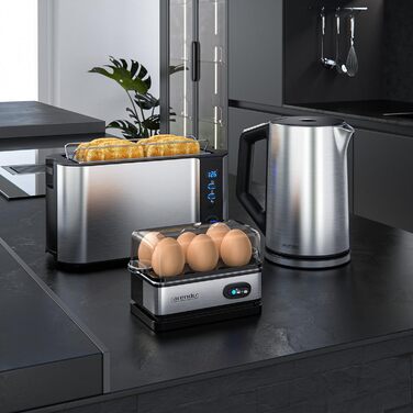 Набір Arendo: чайник, тостер та яйцеварка, нержавіюча сталь, сірий, 1.5л, 40-100°C, 4 тости, LED-дисплей, 6 рівнів підсмажування, на 1-6 яєць