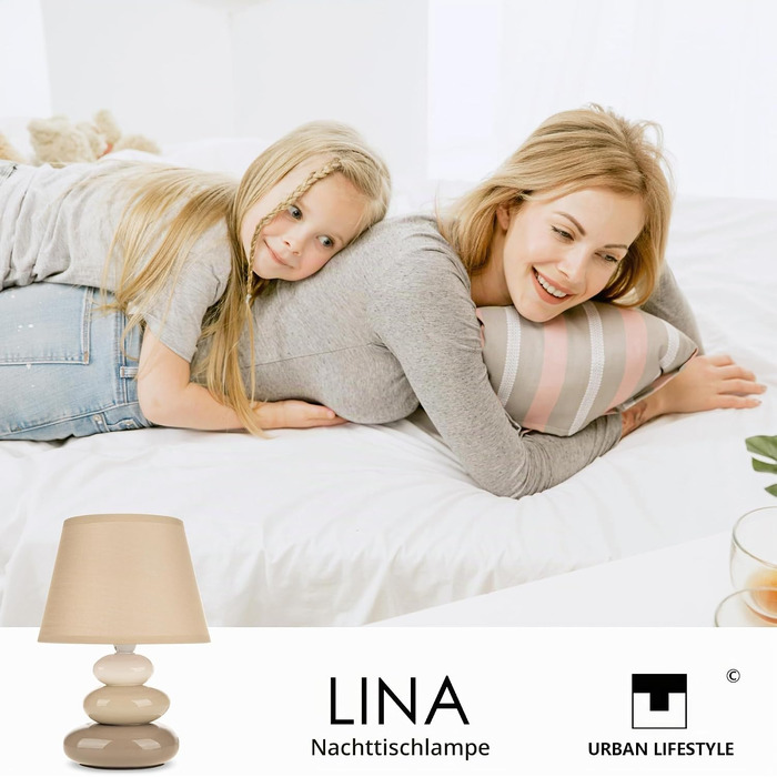 Приліжкова керамічна лампа 'Lina' (Taupe) з тканинним абажуром, настільний світильник для спальні та вітальні, цоколь E14, LED