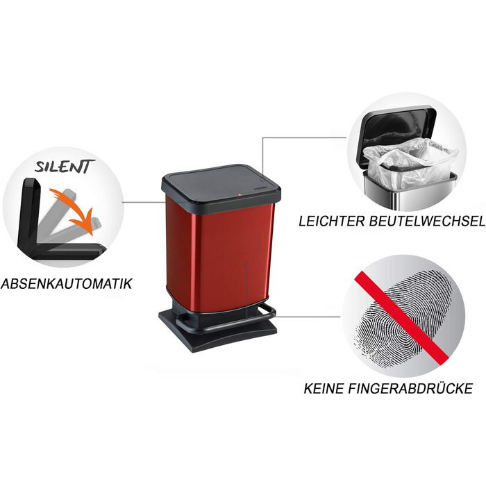 Відро для сміття Rotho Paso 20л з кришкою, червоне, з переробленого пластику (PP), BPA Free